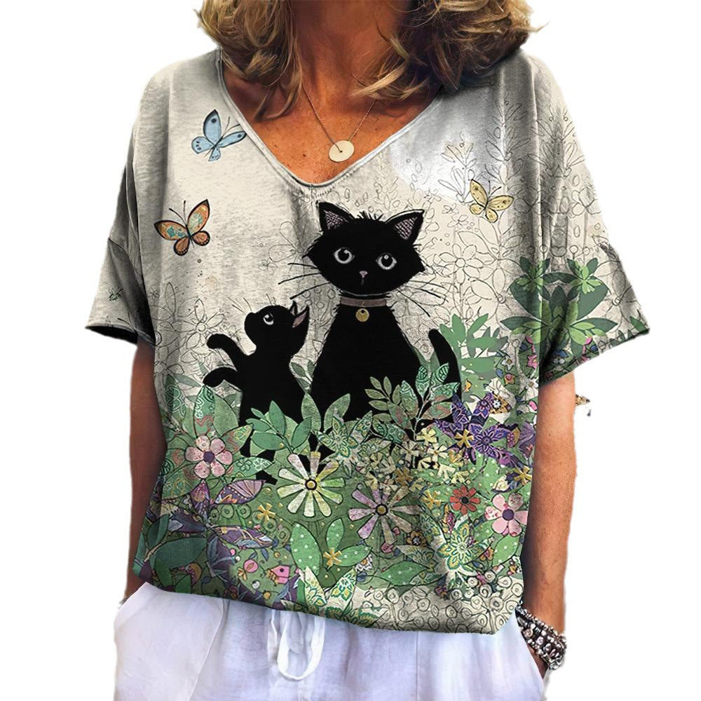 Summer Women's V-Neck T-Shirt with 3D Cat Print