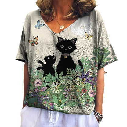 Summer Women's V-Neck T-Shirt with 3D Cat Print