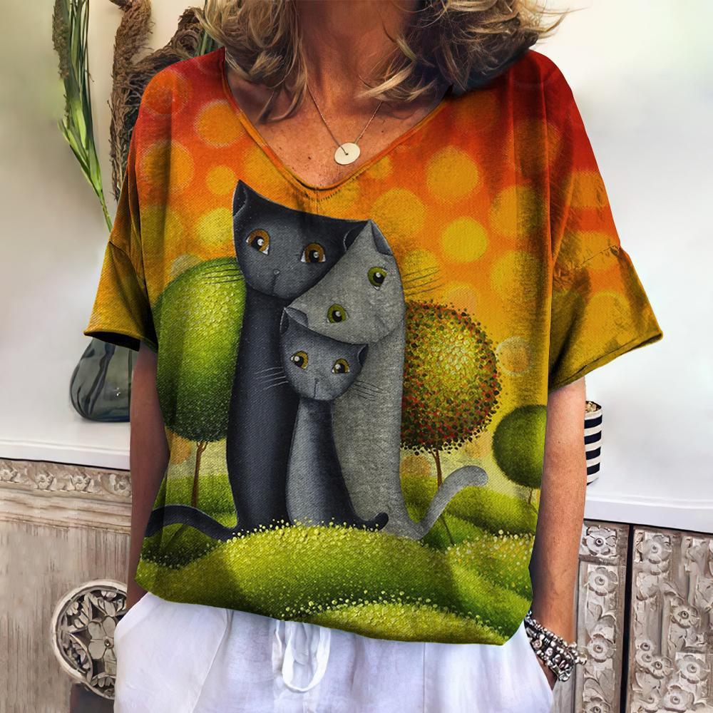 Summer Women's V-Neck T-Shirt with 3D Cat Print