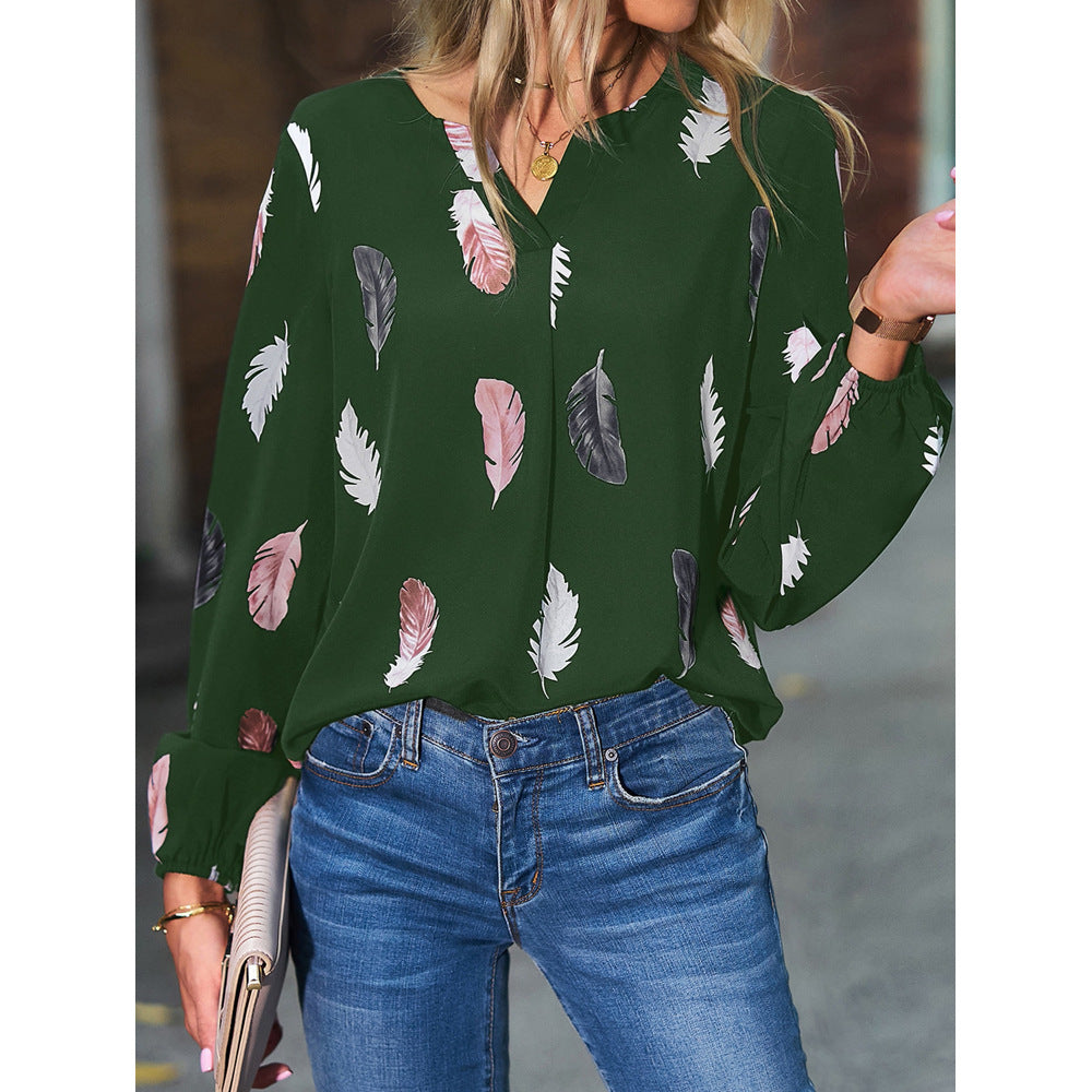 Nola - Women's Spring V-Neck T-Shirt with Feather Print