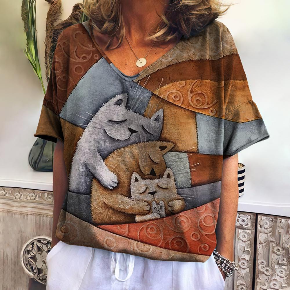 Summer Women's V-Neck T-Shirt with 3D Cat Print