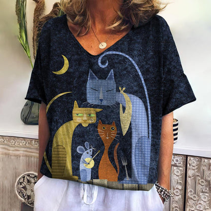 Summer Women's V-Neck T-Shirt with 3D Cat Print
