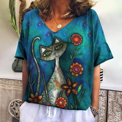 Summer Women's V-Neck T-Shirt with 3D Cat Print