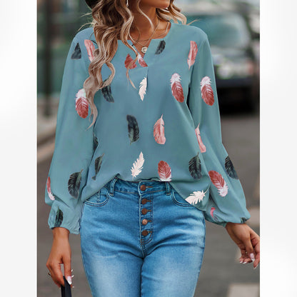 Nola - Women's Spring V-Neck T-Shirt with Feather Print