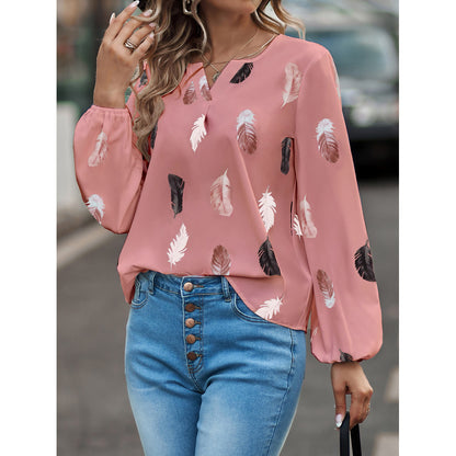 Nola - Women's Spring V-Neck T-Shirt with Feather Print