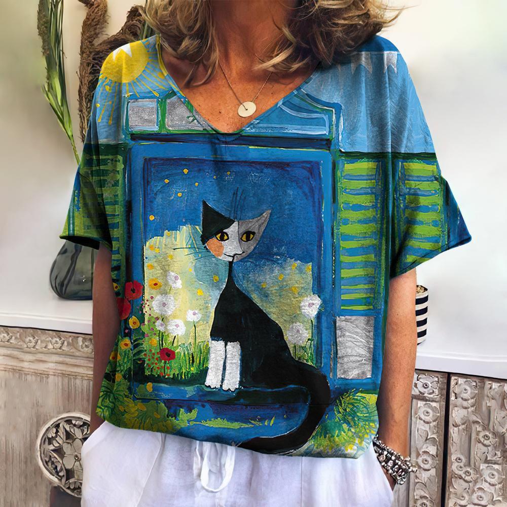Summer Women's V-Neck T-Shirt with 3D Cat Print