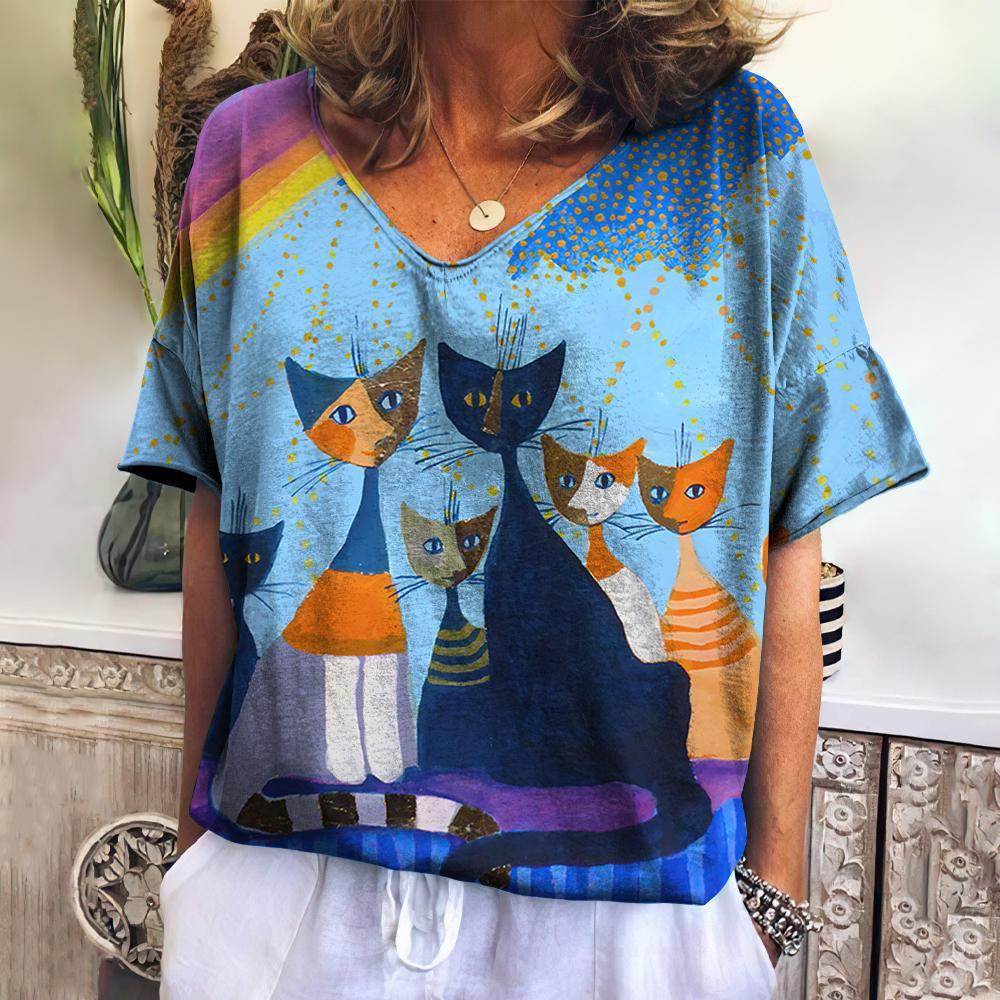 Summer Women's V-Neck T-Shirt with 3D Cat Print