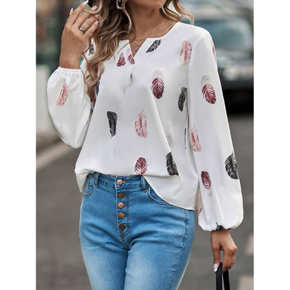 Nola - Women's Spring V-Neck T-Shirt with Feather Print