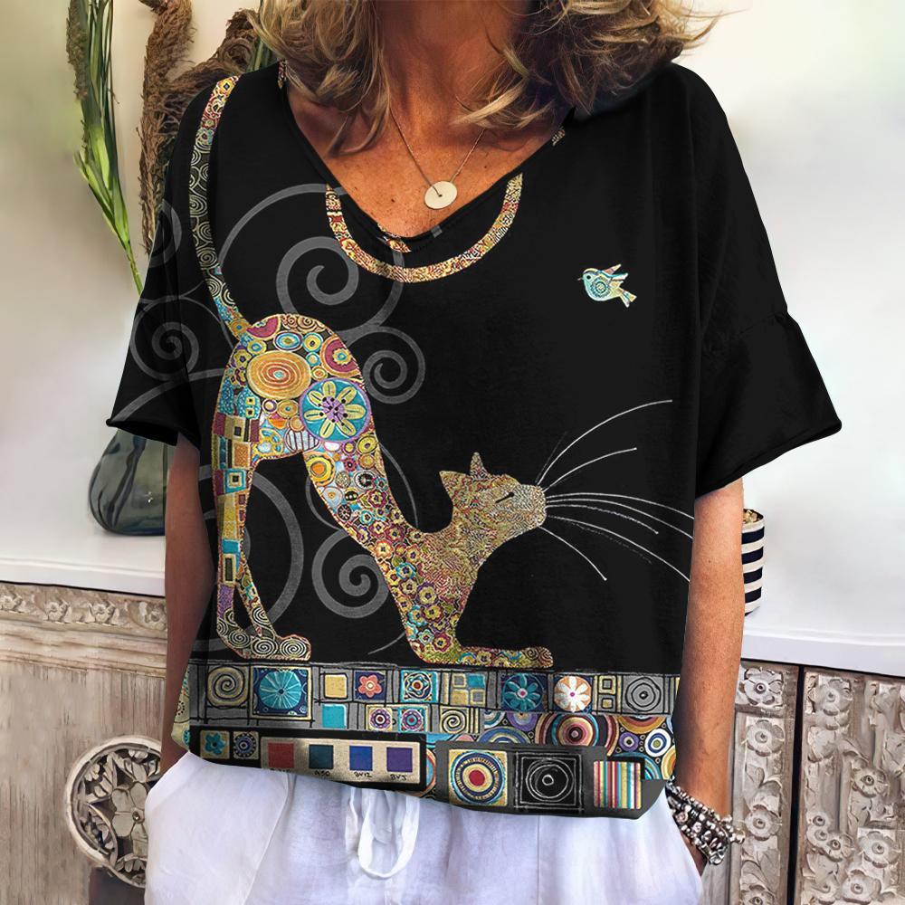 Summer Women's V-Neck T-Shirt with 3D Cat Print