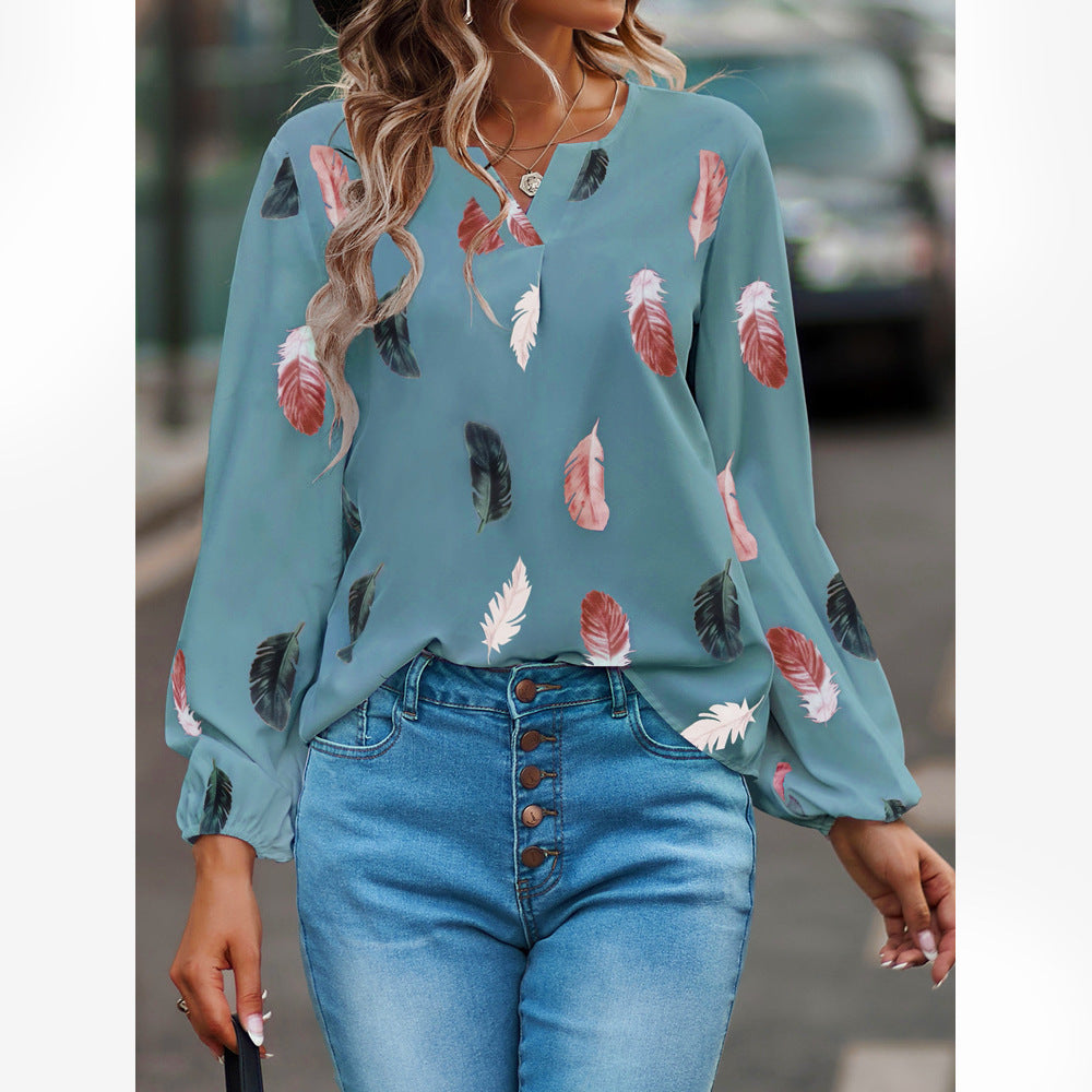 Nola - Women's Spring V-Neck T-Shirt with Feather Print