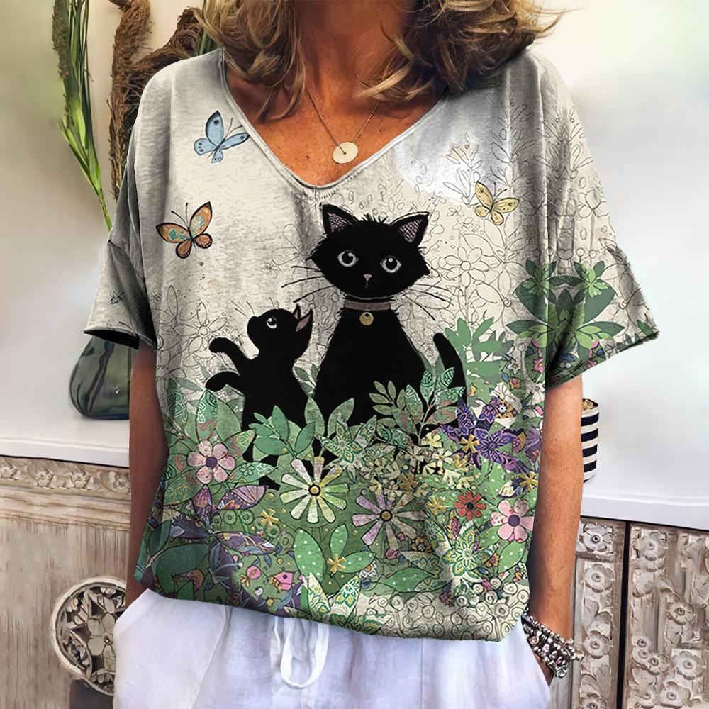 Summer Women's V-Neck T-Shirt with 3D Cat Print