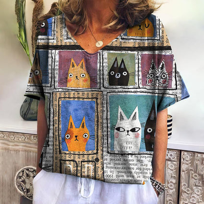 Summer Women's V-Neck T-Shirt with 3D Cat Print