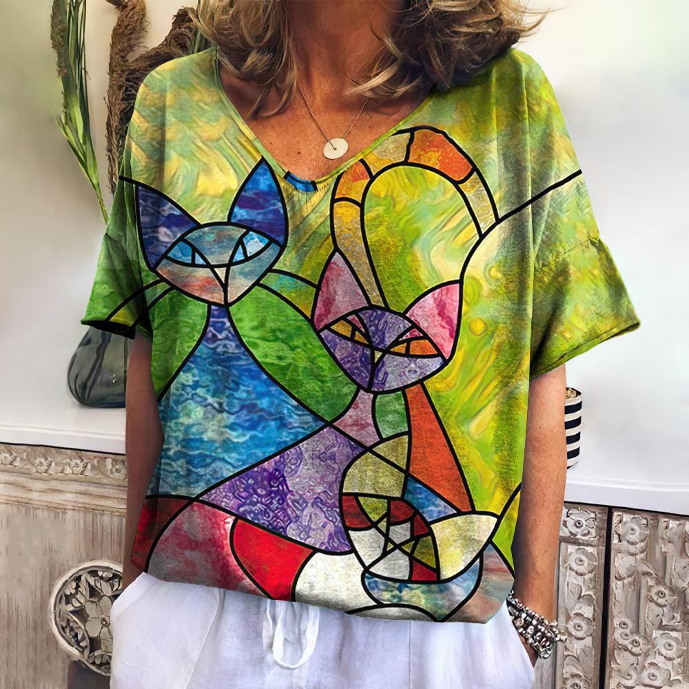 Summer Women's V-Neck T-Shirt with 3D Cat Print