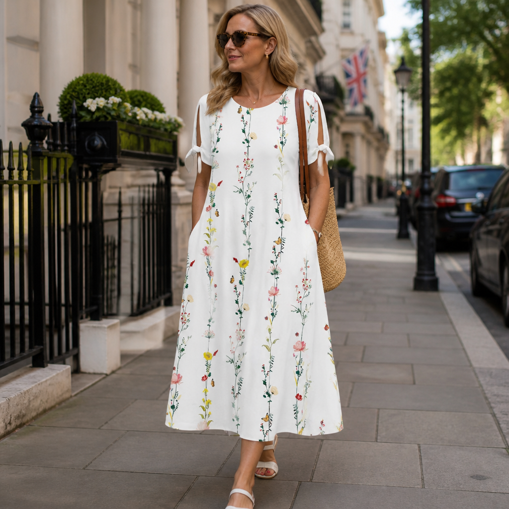 Daisy - Floral Print Midi Dress with Short Sleeves