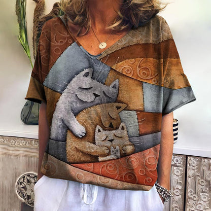 Summer Women's V-Neck T-Shirt with 3D Cat Print