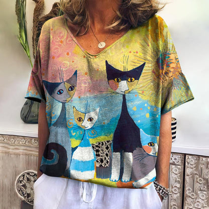 Summer Women's V-Neck T-Shirt with 3D Cat Print