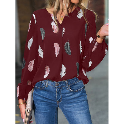 Nola - Women's Spring V-Neck T-Shirt with Feather Print