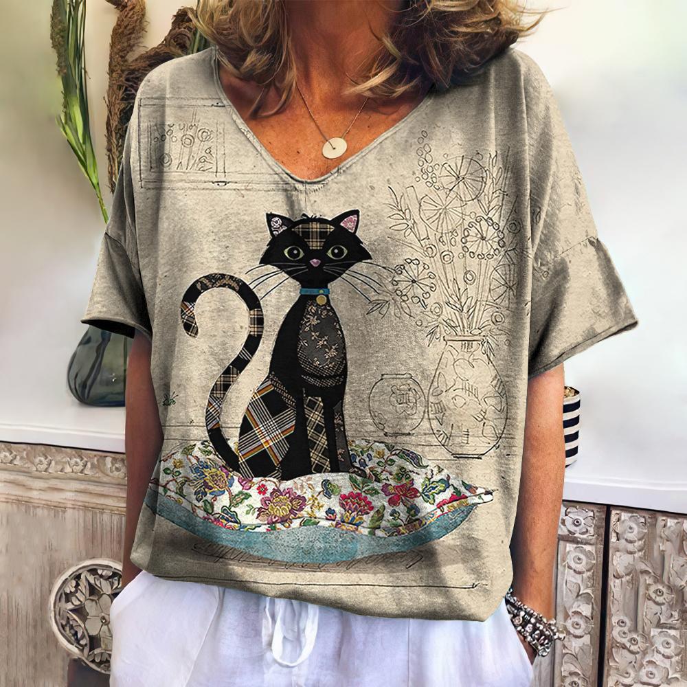 Summer Women's V-Neck T-Shirt with 3D Cat Print