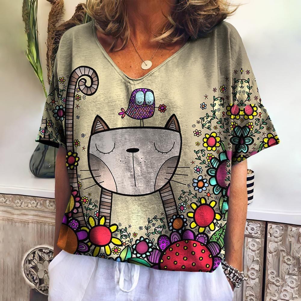 Summer Women's V-Neck T-Shirt with 3D Cat Print