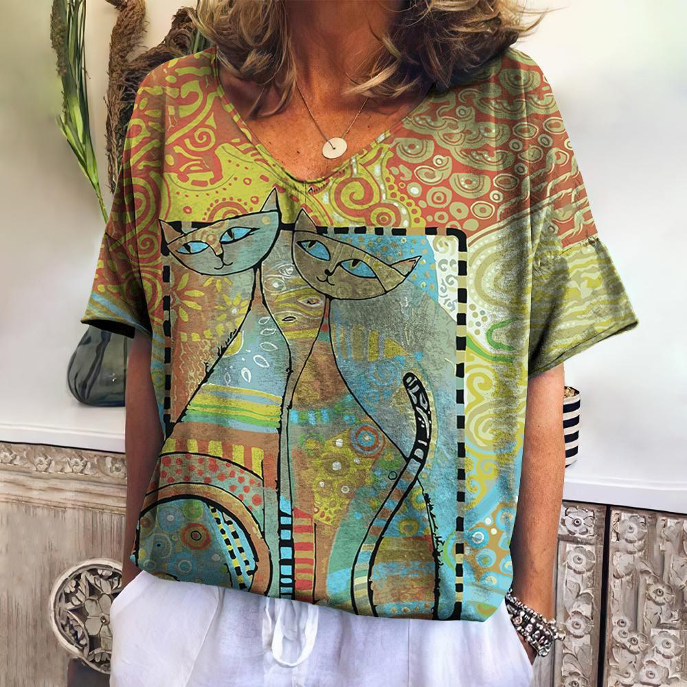 Summer Women's V-Neck T-Shirt with 3D Cat Print