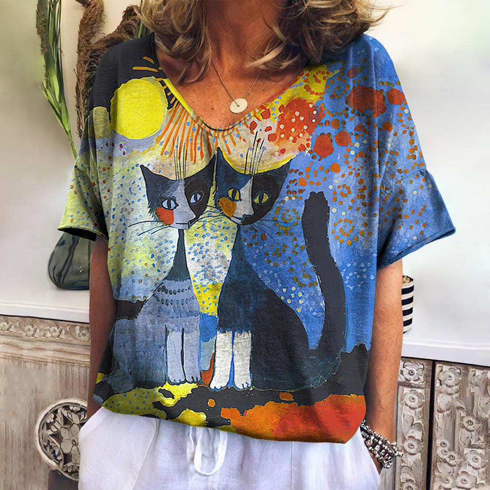 Summer Women's V-Neck T-Shirt with 3D Cat Print