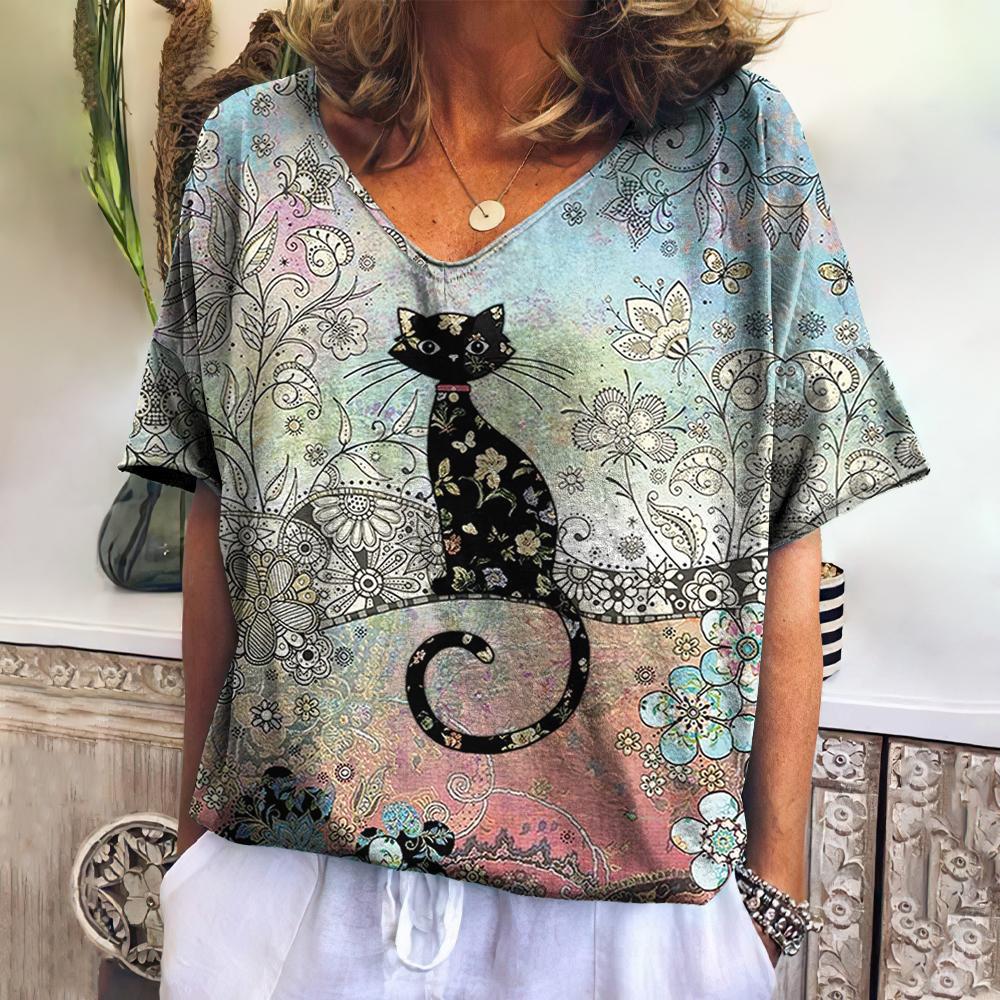 Summer Women's V-Neck T-Shirt with 3D Cat Print