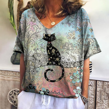 Summer Women's V-Neck T-Shirt with 3D Cat Print