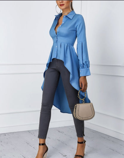 Annete - Lantern Sleeve Tail Dress & Button Shirt