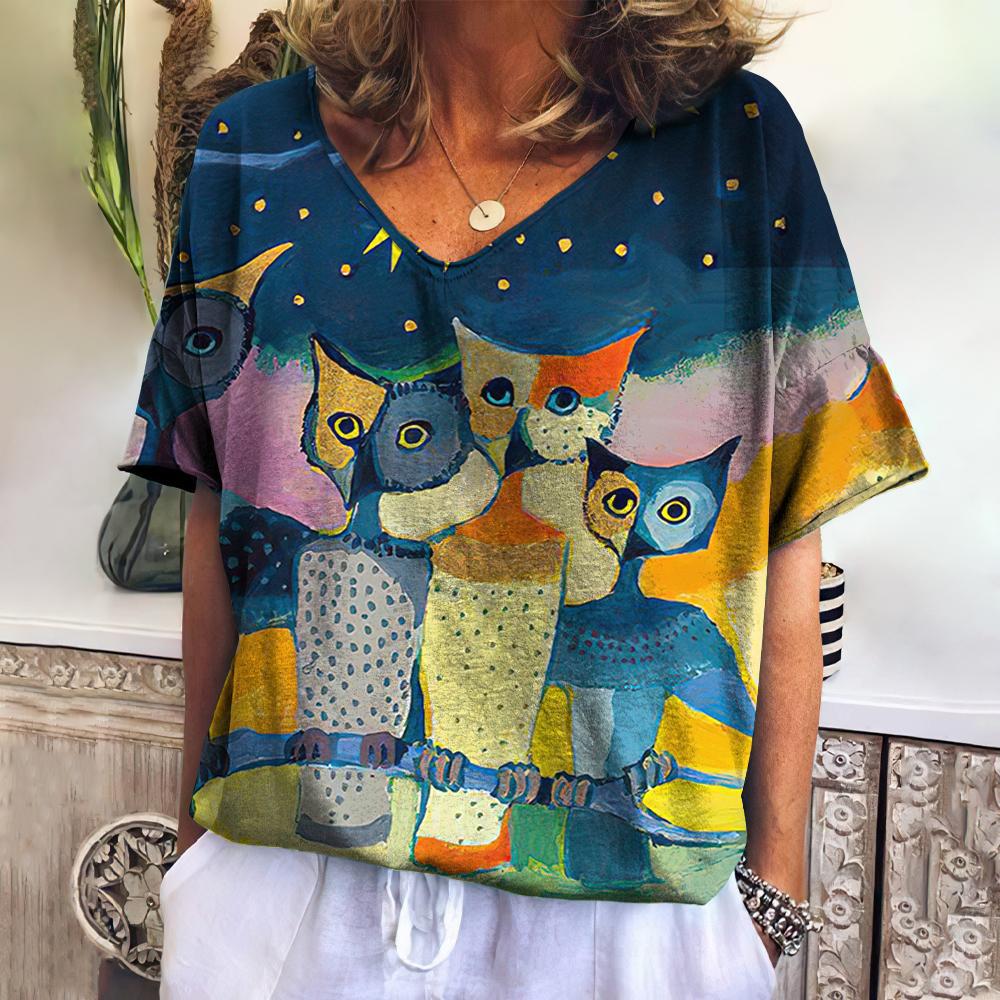 Summer Women's V-Neck T-Shirt with 3D Cat Print