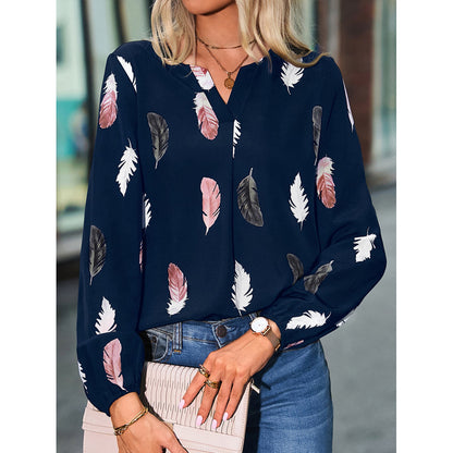 Nola - Women's Spring V-Neck T-Shirt with Feather Print