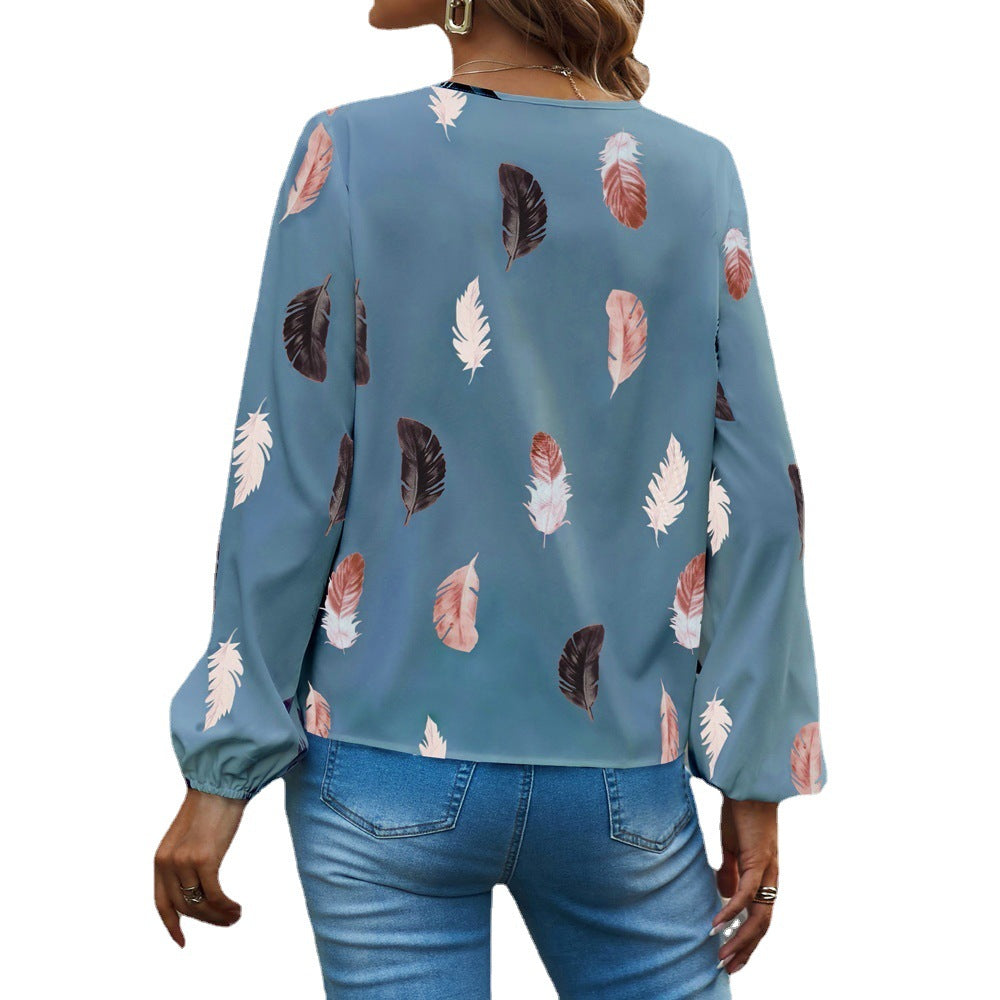 Nola - Women's Spring V-Neck T-Shirt with Feather Print