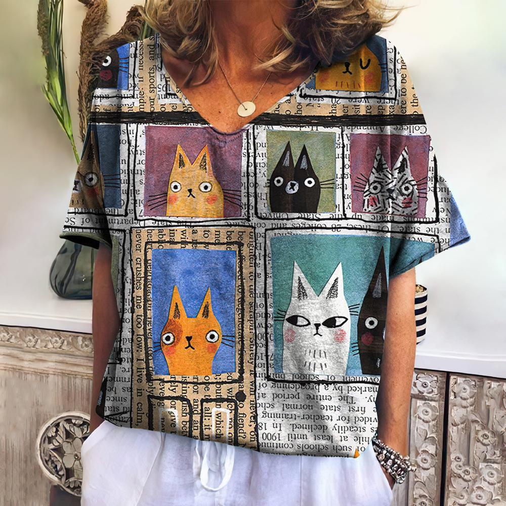 Summer Women's V-Neck T-Shirt with 3D Cat Print